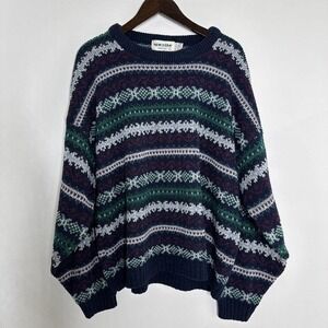 Vintage New Era Fair Isle Knit Sweater Mens XL Made in USA Navy Green Burgundy